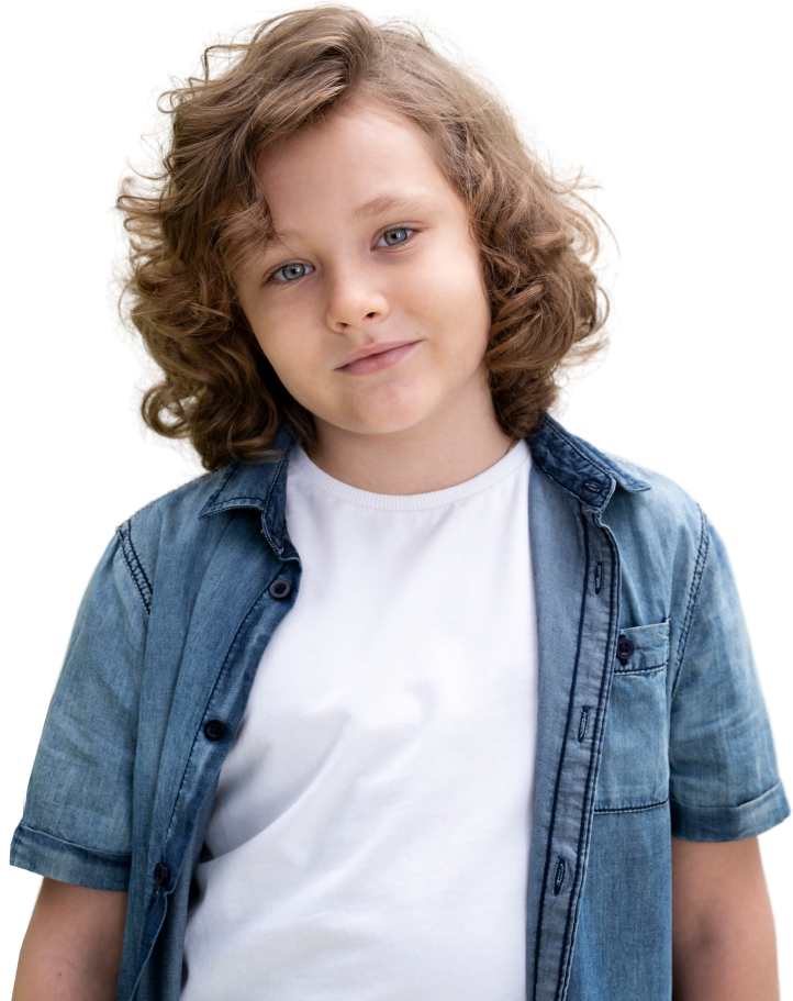 Child in denim shirt.