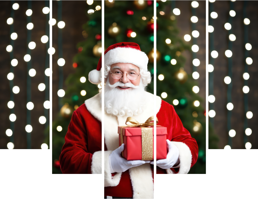 Santa holding Christmas gift.