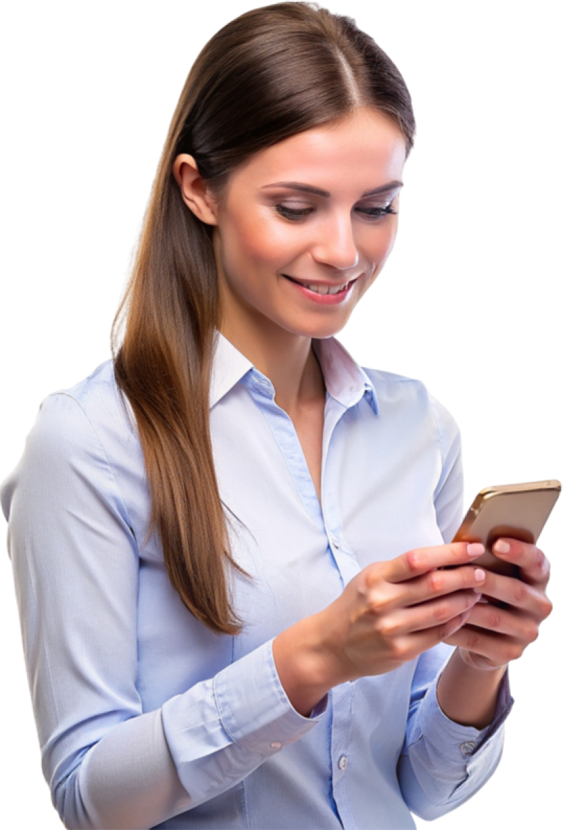 Woman smiling at smartphone.