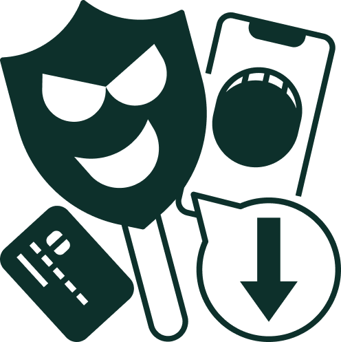 Fraud icons: mask, phone, card.
