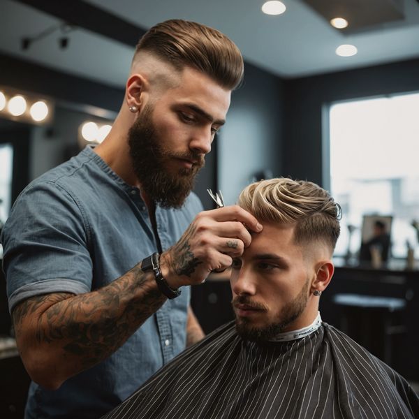 Barber styling man's hair.